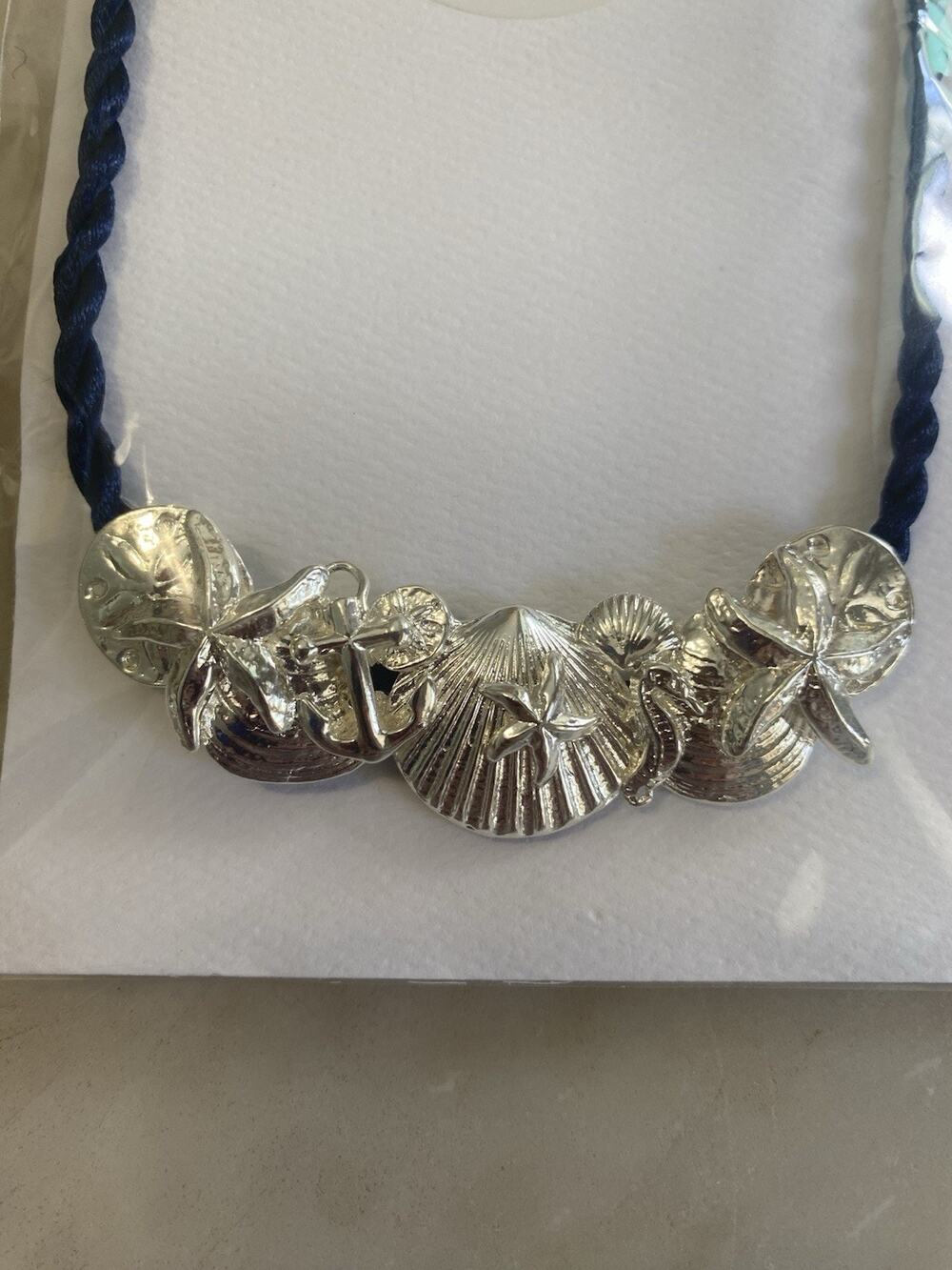 NEW $244 Betsy Frost seashell silver plated necklace on 18” navy braided rope